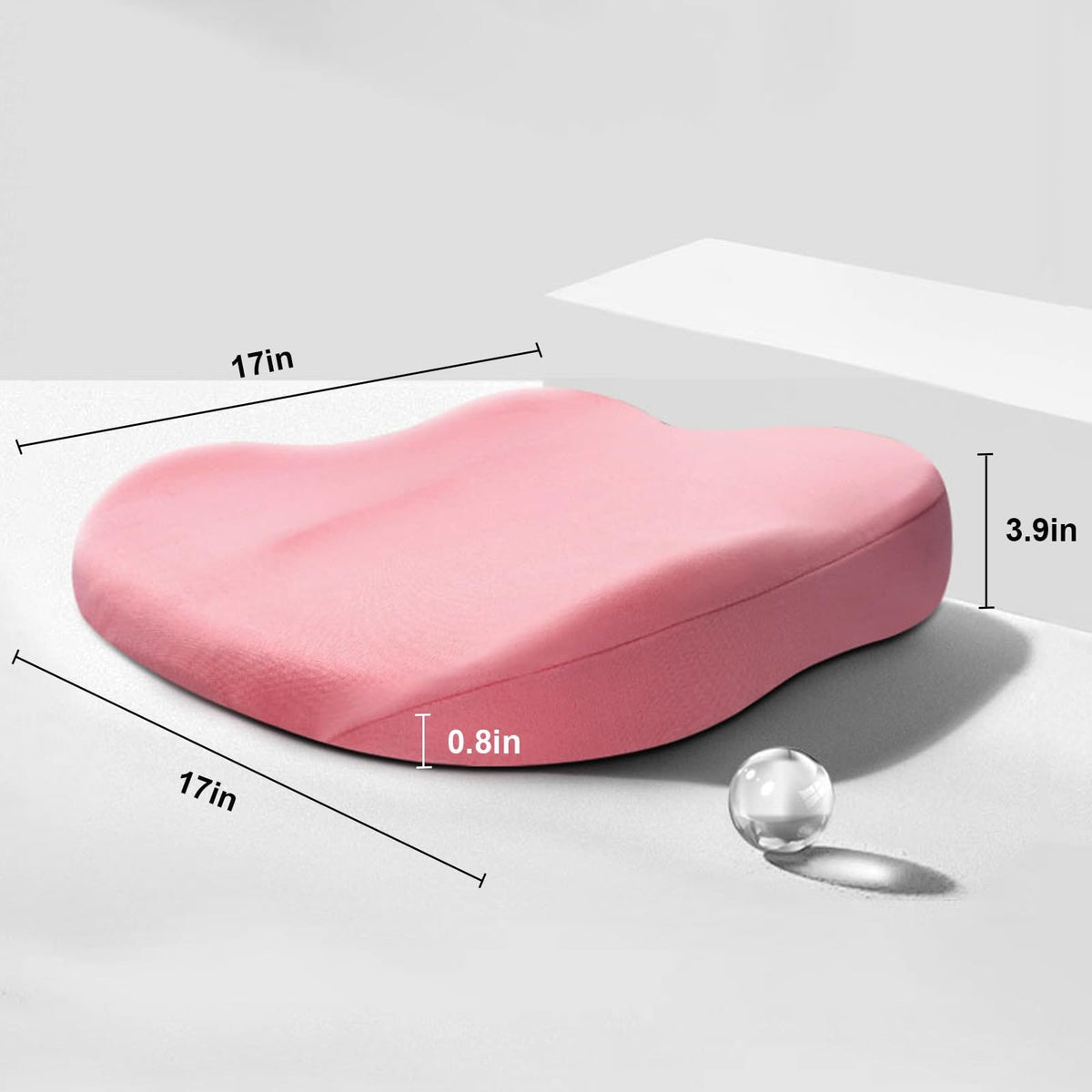 Pink booster cushion with size measurements