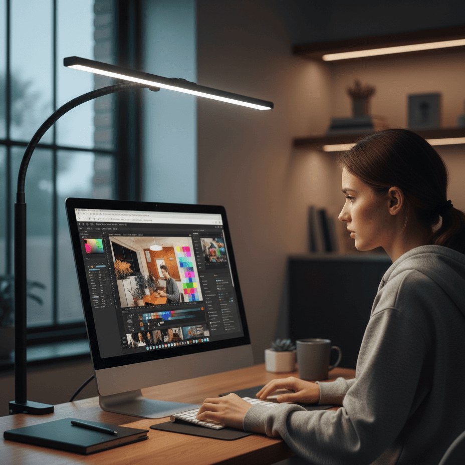 Gooseneck LED desk lamp lighting a home office desk