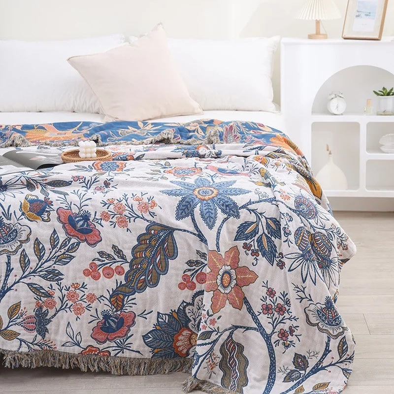 Floral Jacquard Throw Blanket, Reversible Cotton Bedspread 7