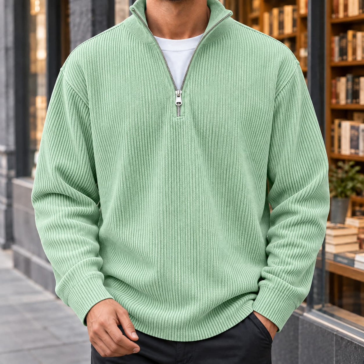 Men's light green ribbed quarter zip sweater