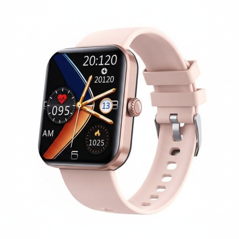 Pink smart fitness watch with colourful watch face