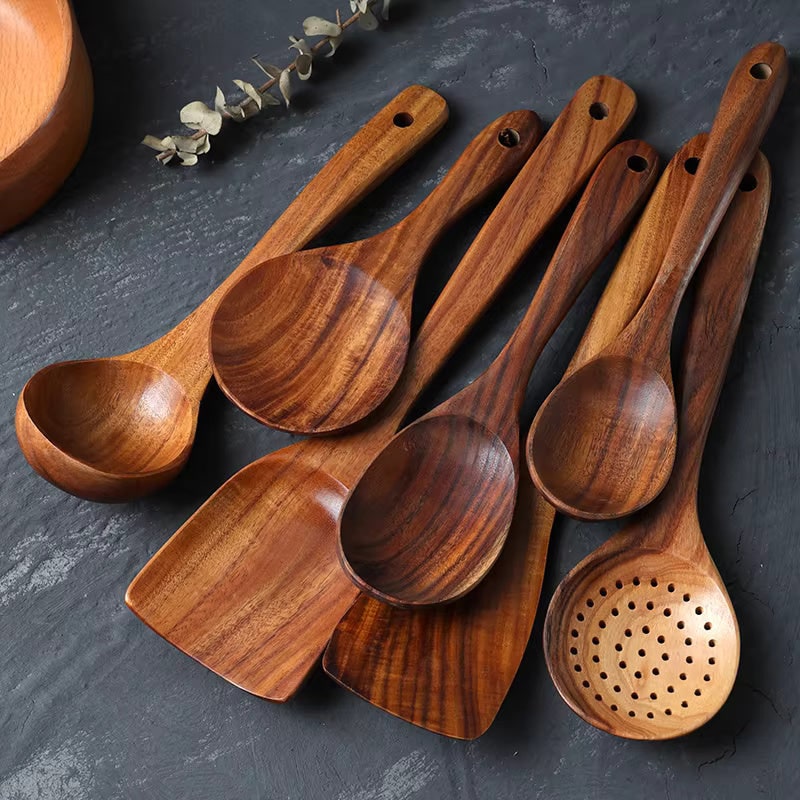 Teak Wooden Kitchen Utensils Set, 7 Piece Wooden Spoons 4
