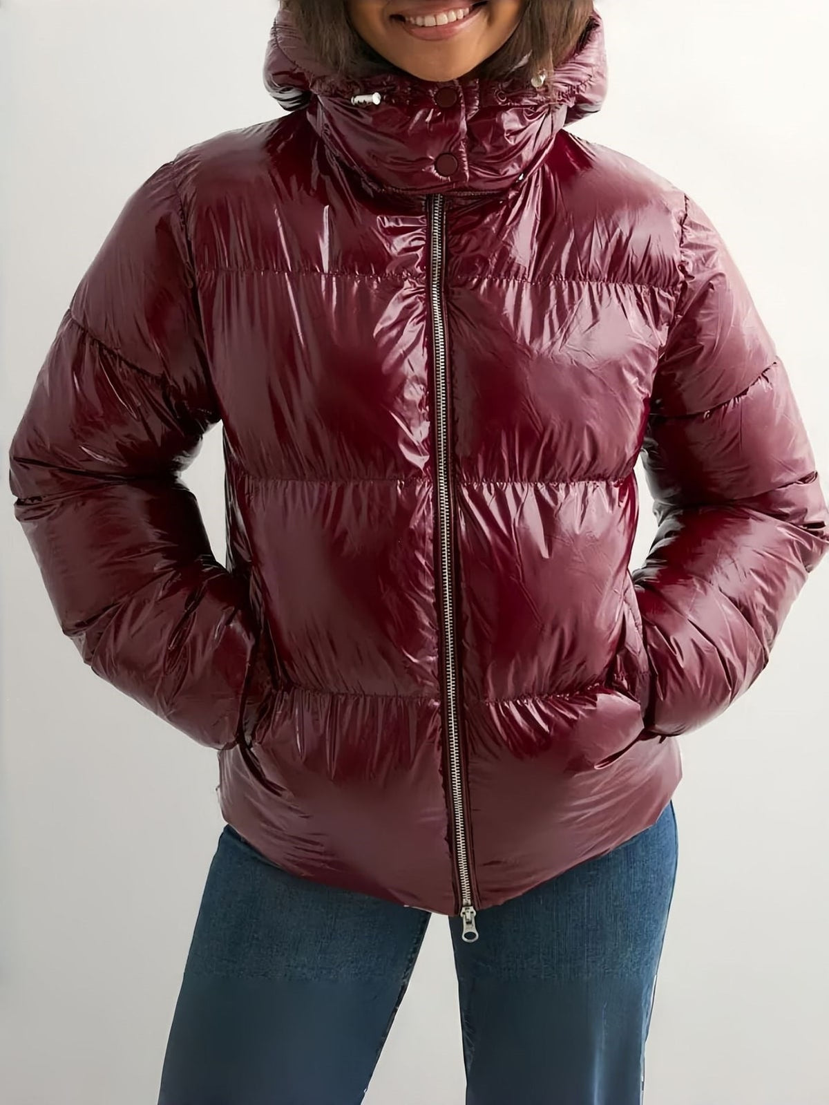 Red puffer jacket with hood, front view