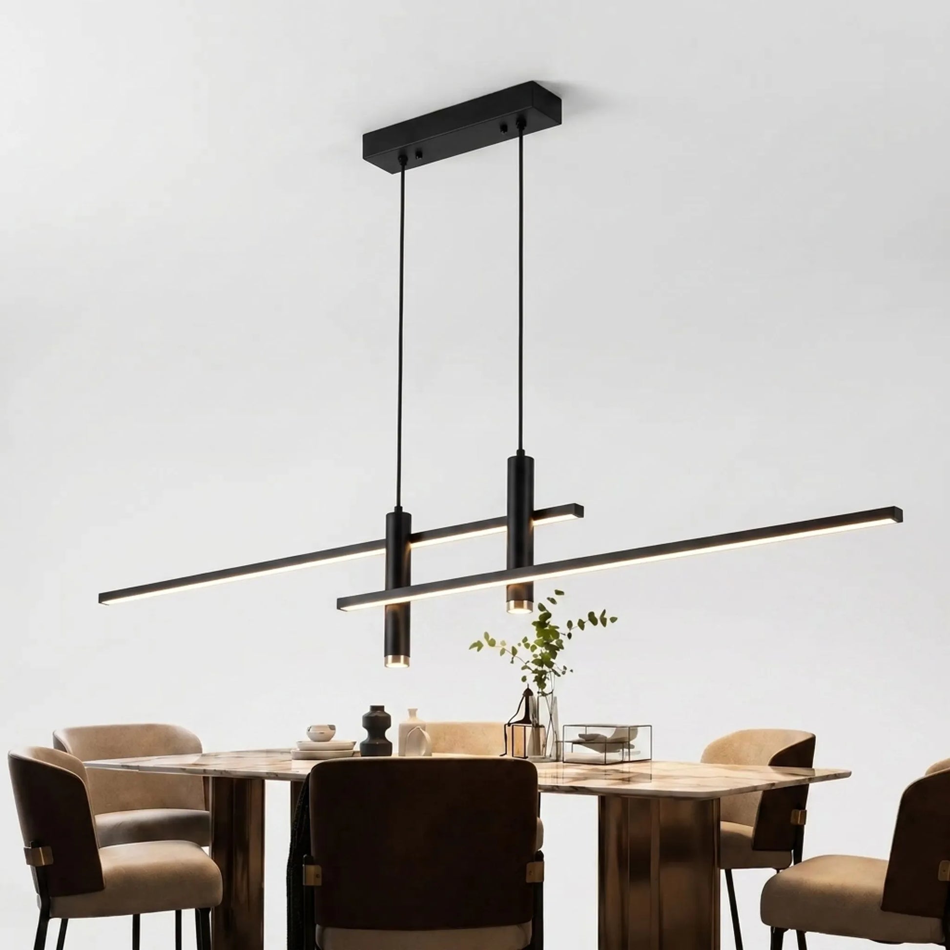 Black linear pendant light shown against a plain background