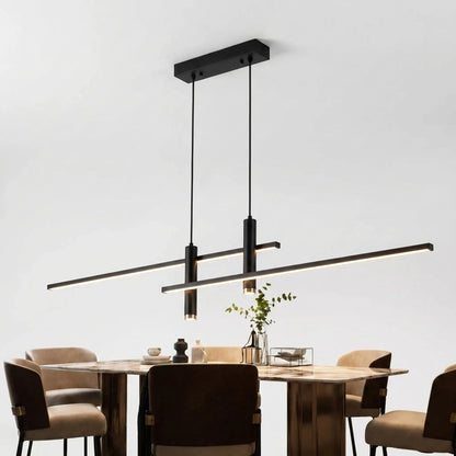 Black linear pendant light shown against a plain background