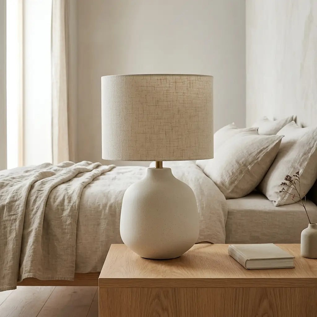 Ivory ceramic table lamp styled on a side table in a living room