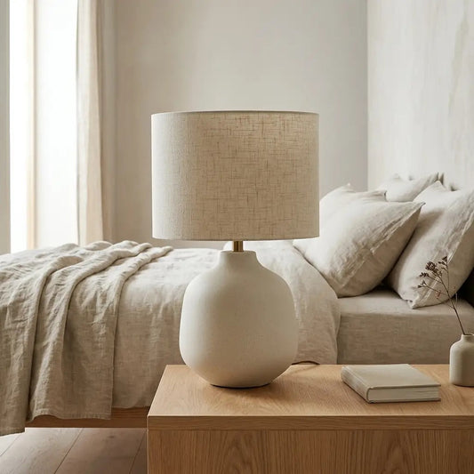 Ivory ceramic table lamp styled on a side table in a living room