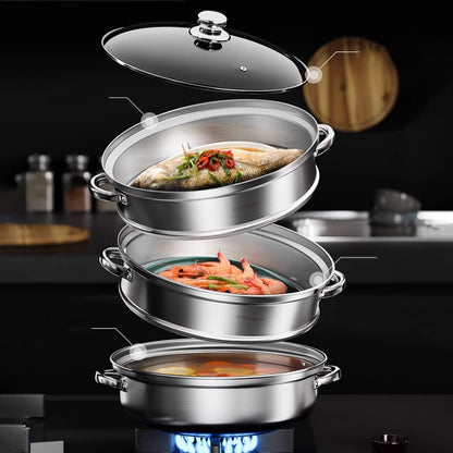 Steamer tiers and lid shown separated above the base pot with fish and prawns