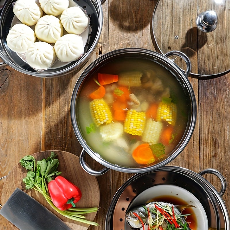 Steamer parts on a wooden table with buns, corn soup and steamed fish
