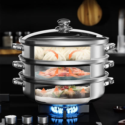 Stacked steamer on a gas burner with dumplings, prawns and fish on each level