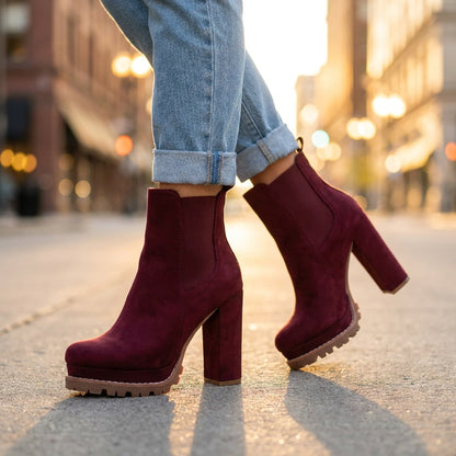 Wine red faux suede block heel ankle boots