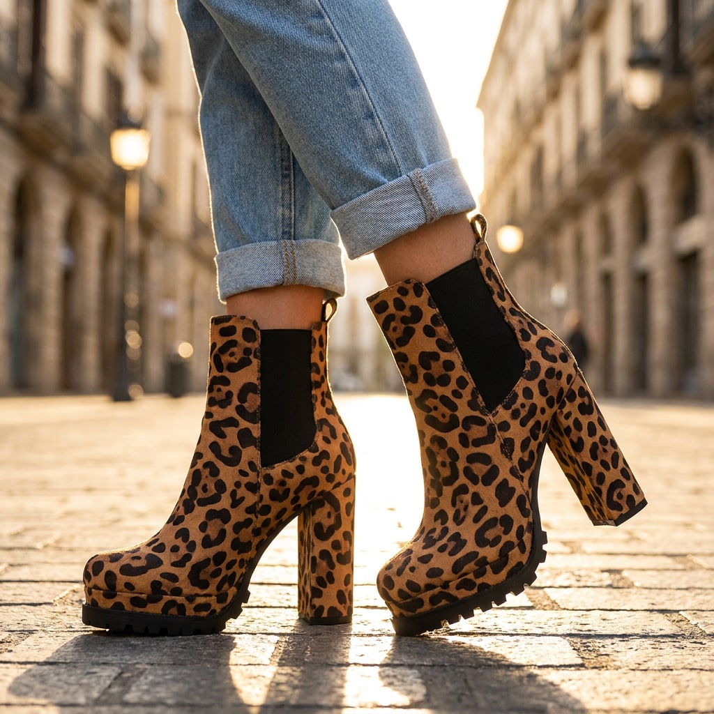 Leopard print block heel ankle boots