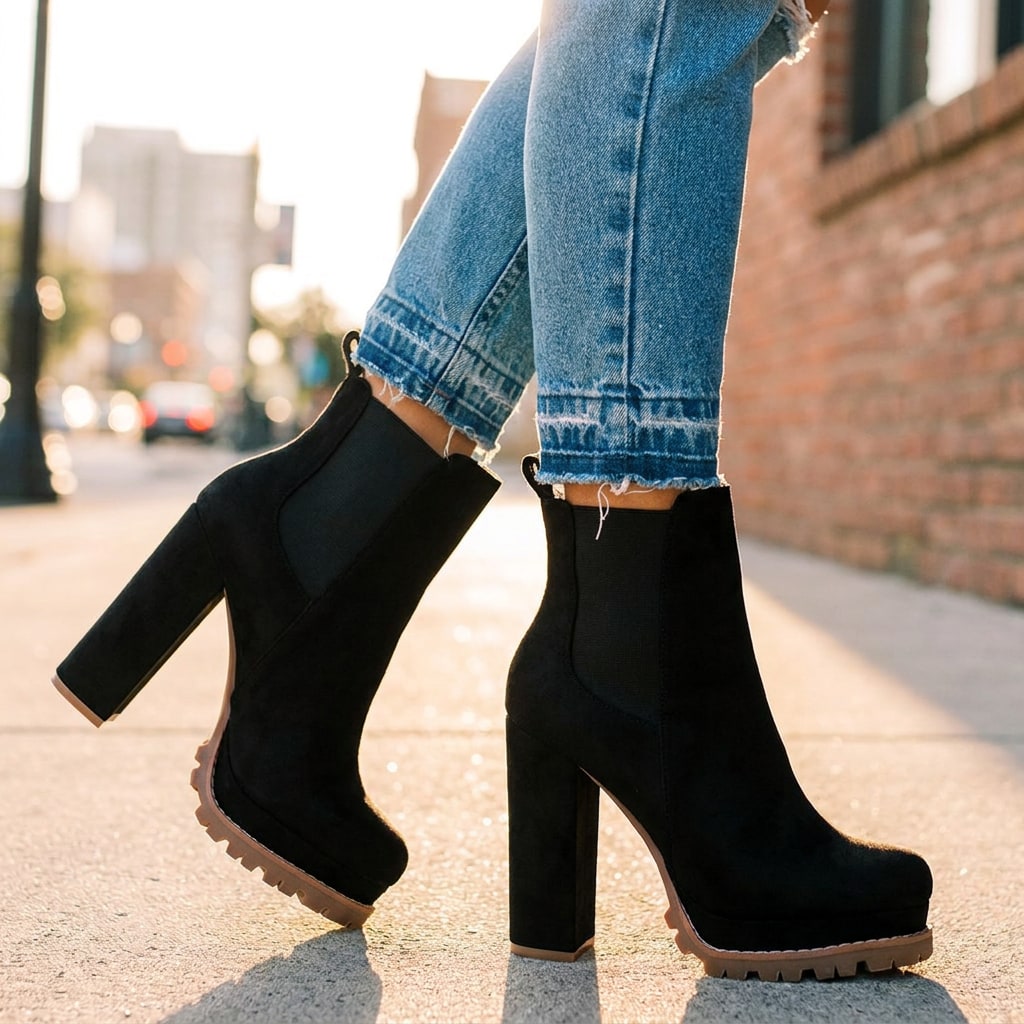 Black faux suede block heel ankle boots