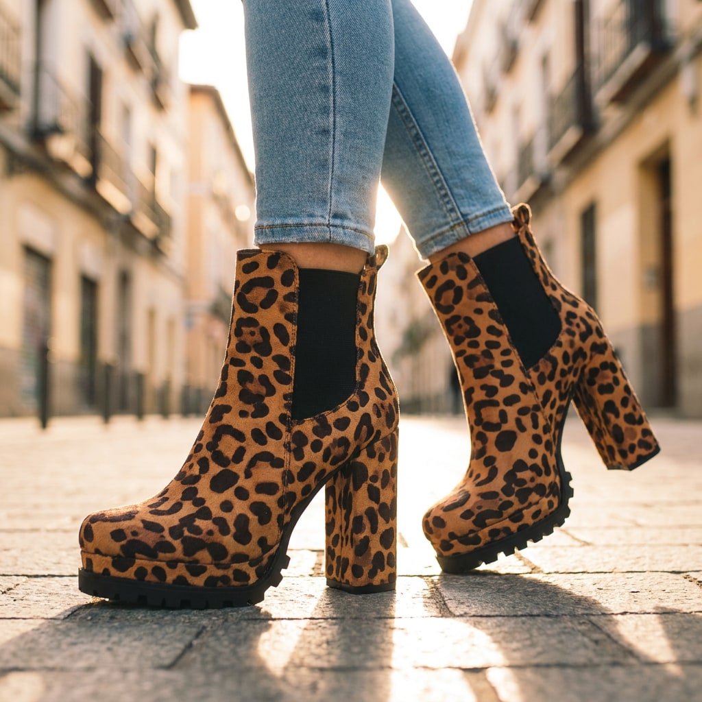 Leopard print ankle boots, front view