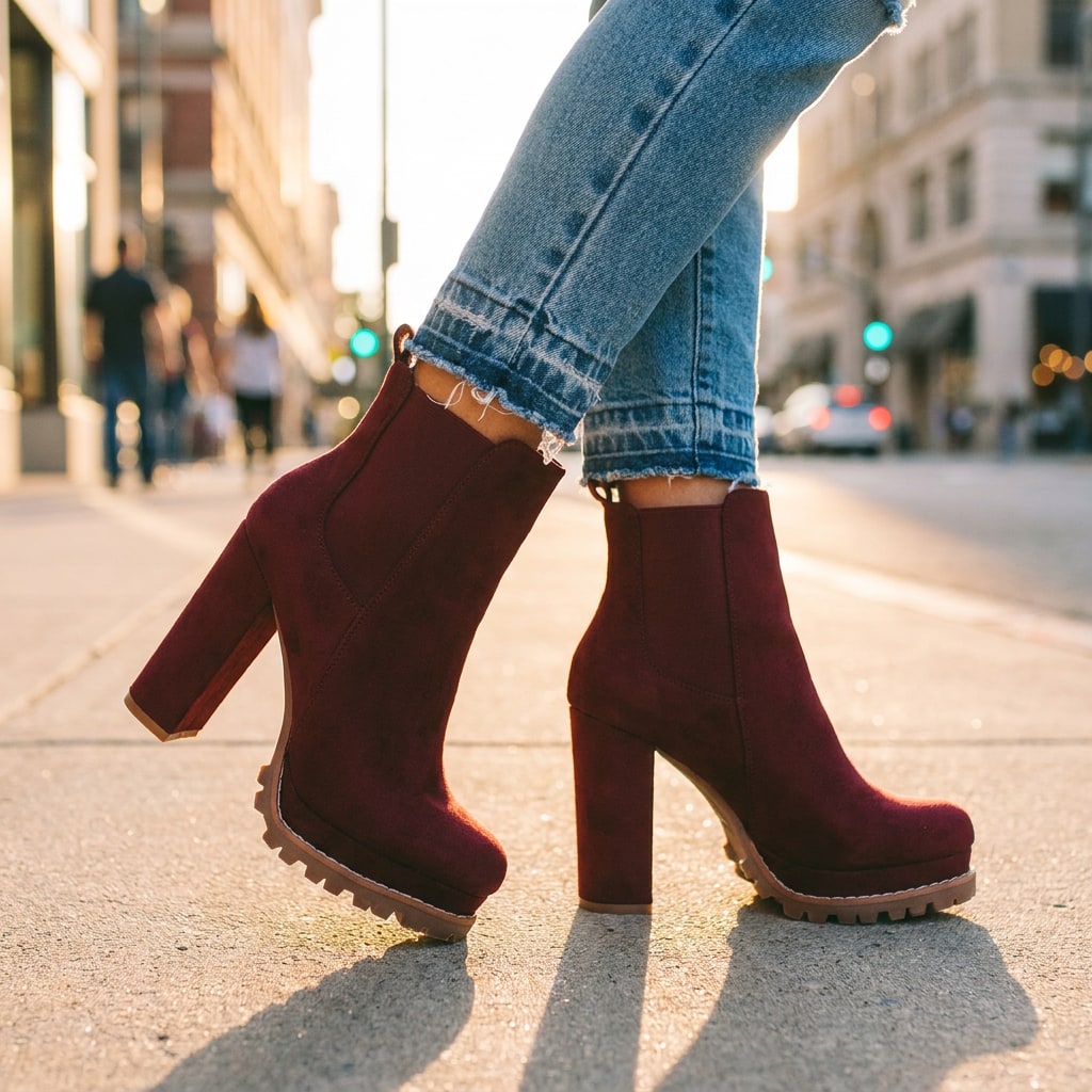 Wine red ankle boots on the street