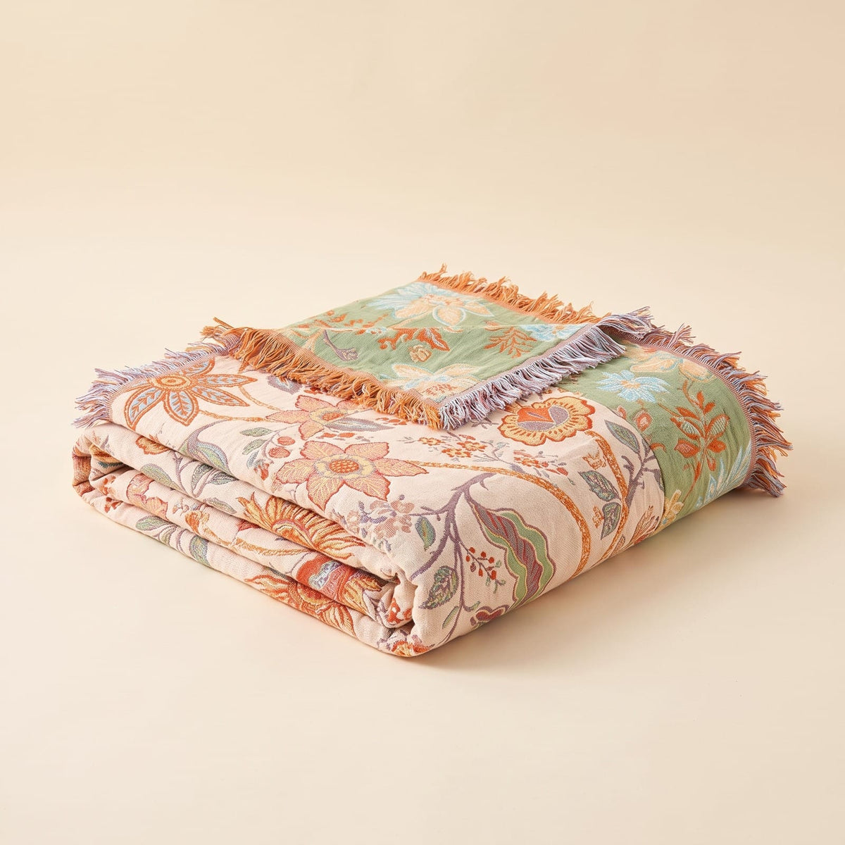 Boho Floral Throw Blanket, 100% Cotton Blanket with Tassels 1