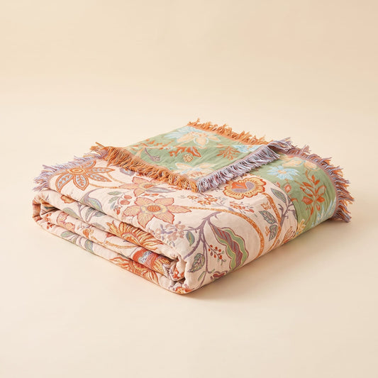 Boho Floral Throw Blanket, 100% Cotton Blanket with Tassels 1