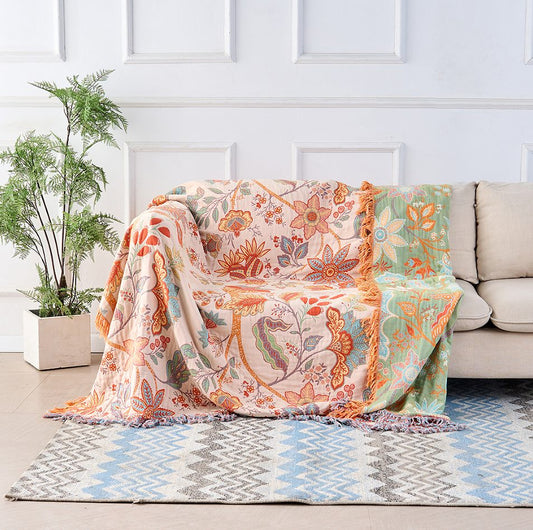 Boho Floral Throw Blanket in 100% Cotton, Woven Blanket with Tassels for Sofa and Bed