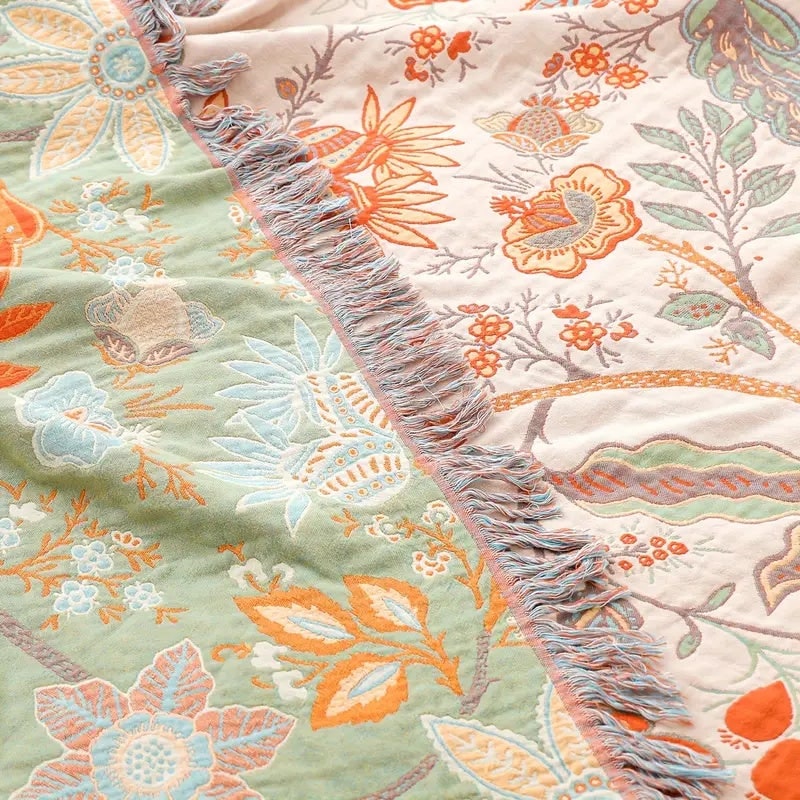 Boho Floral Throw Blanket, 100% Cotton Blanket with Tassels 5