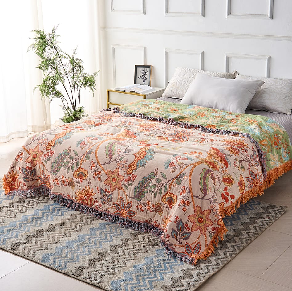 Boho Floral Throw Blanket, 100% Cotton Blanket with Tassels 2