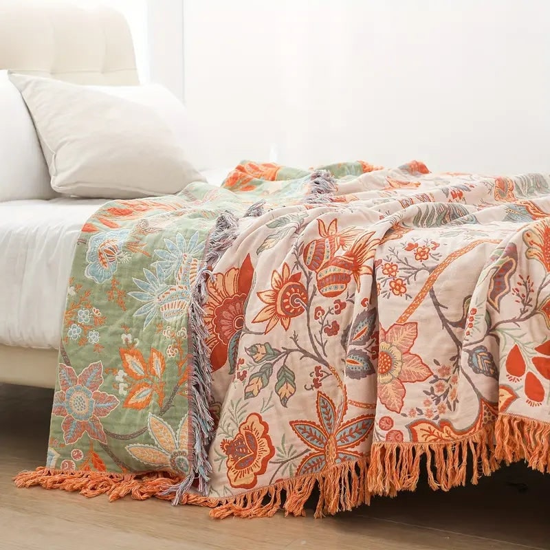 Boho Floral Throw Blanket, 100% Cotton Blanket with Tassels 3