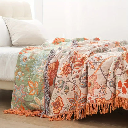Boho Floral Throw Blanket, 100% Cotton Blanket with Tassels 3