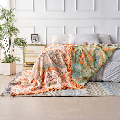 Boho Floral Throw Blanket, 100% Cotton Blanket with Tassels 4