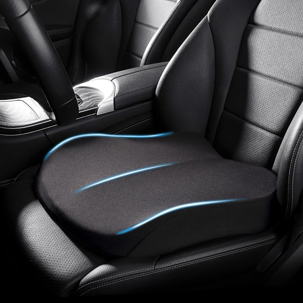 Black memory foam booster seat cushion on a car seat