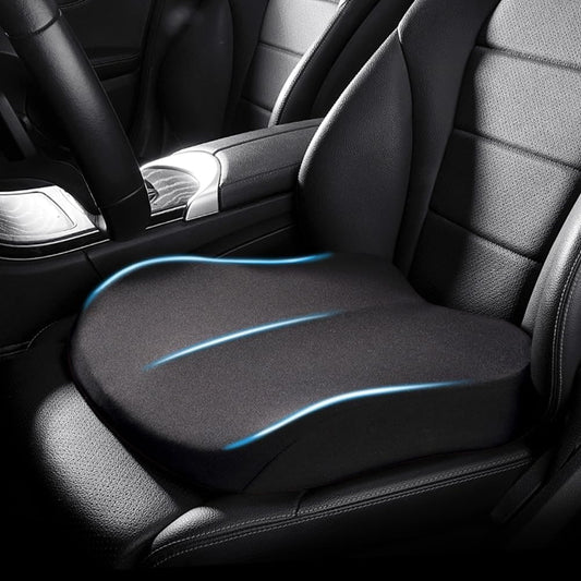 Black memory foam booster seat cushion on a car seat