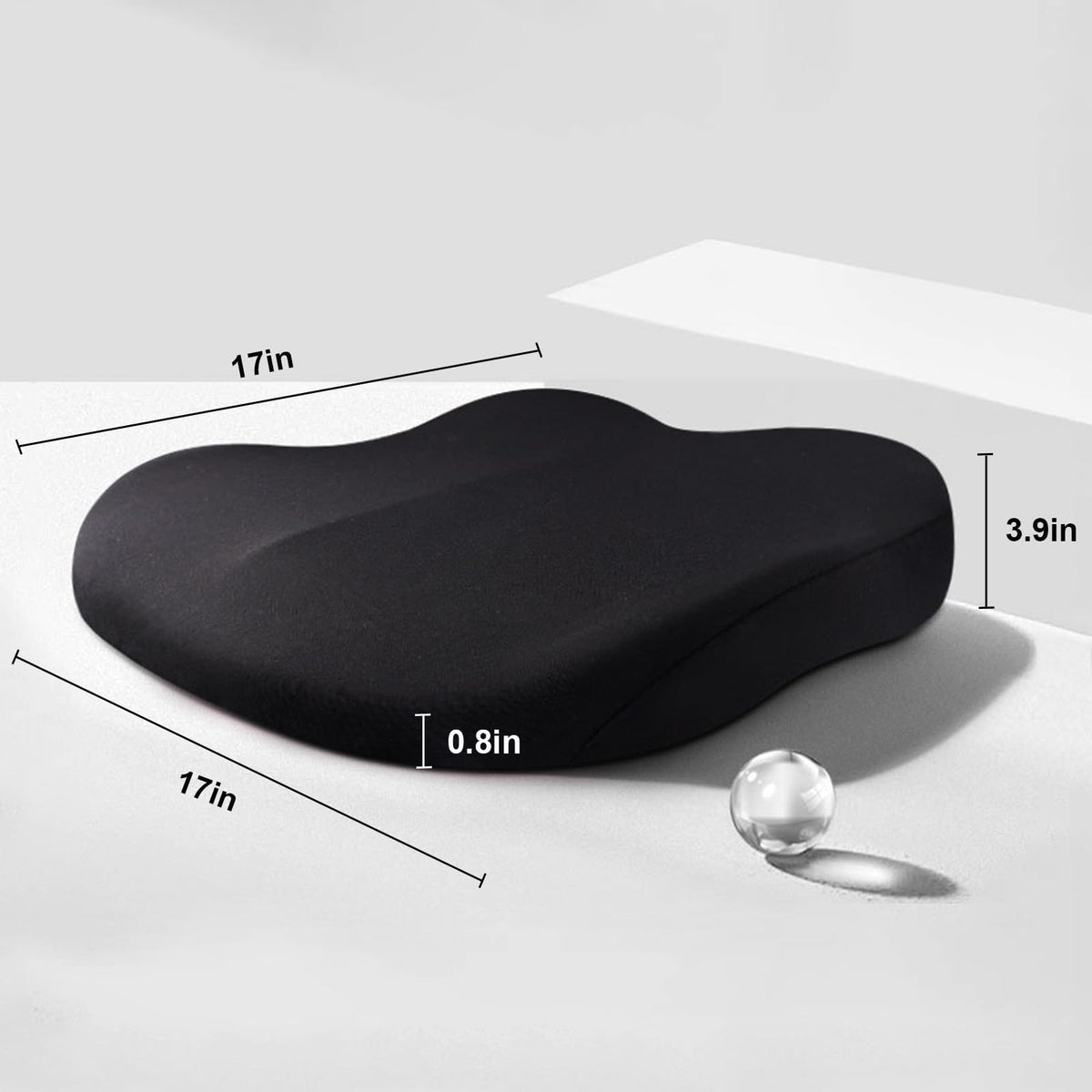 Black booster cushion with size measurements