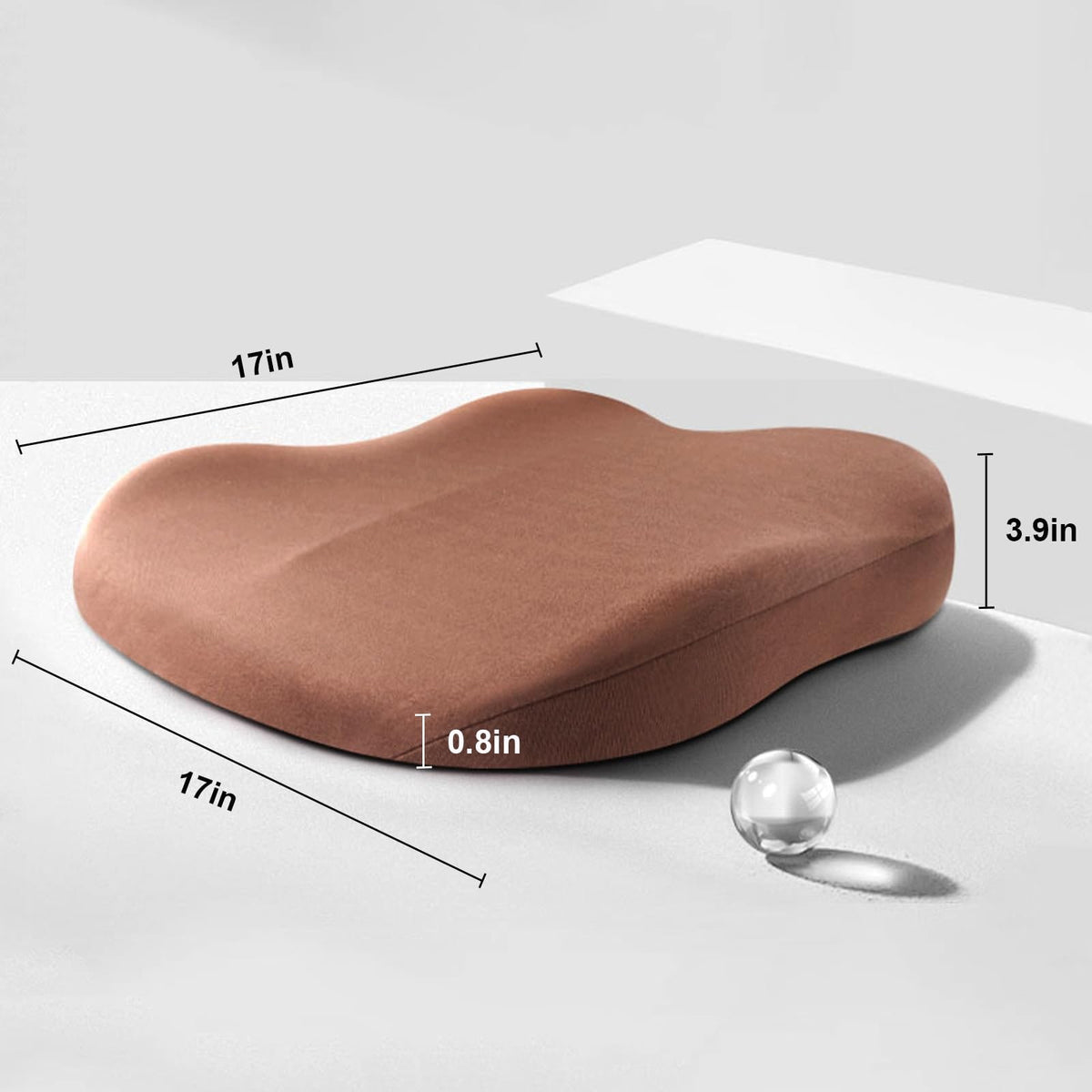 Brown booster cushion with size measurements