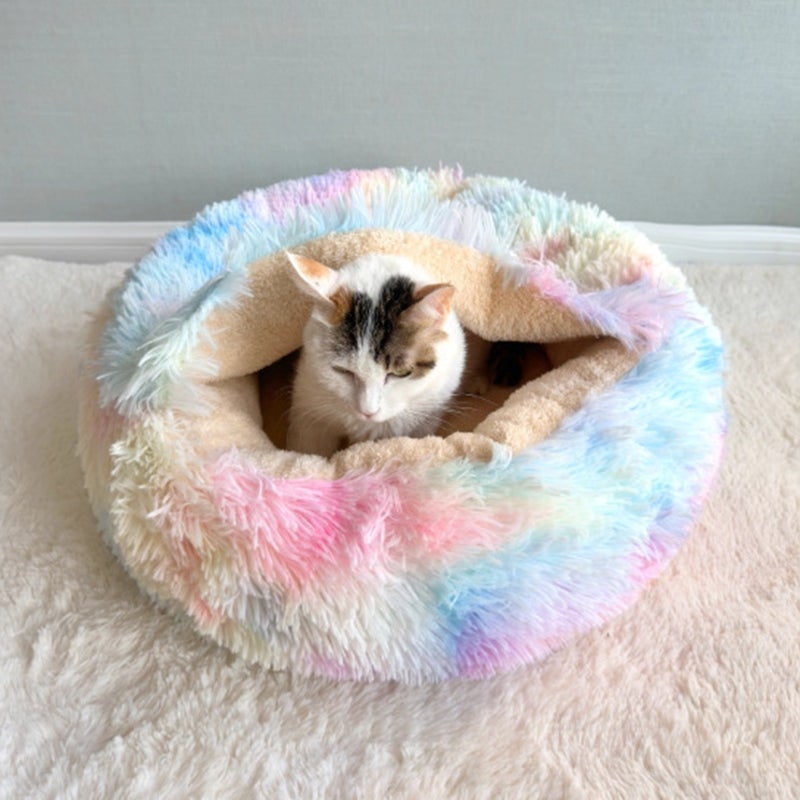 Rainbow plush round pet bed with a cat