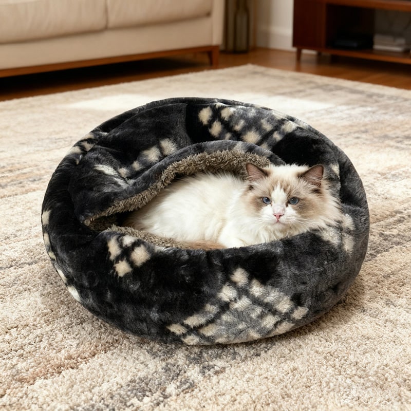 Gray-blue patterned fleece pet bed