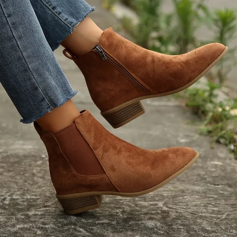 Brown faux suede Chelsea boots worn with jeans