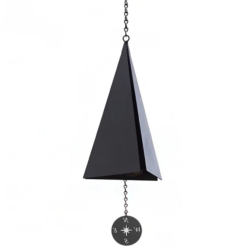 Black triangle outdoor wind bell with compass windcatcher on a jack chain