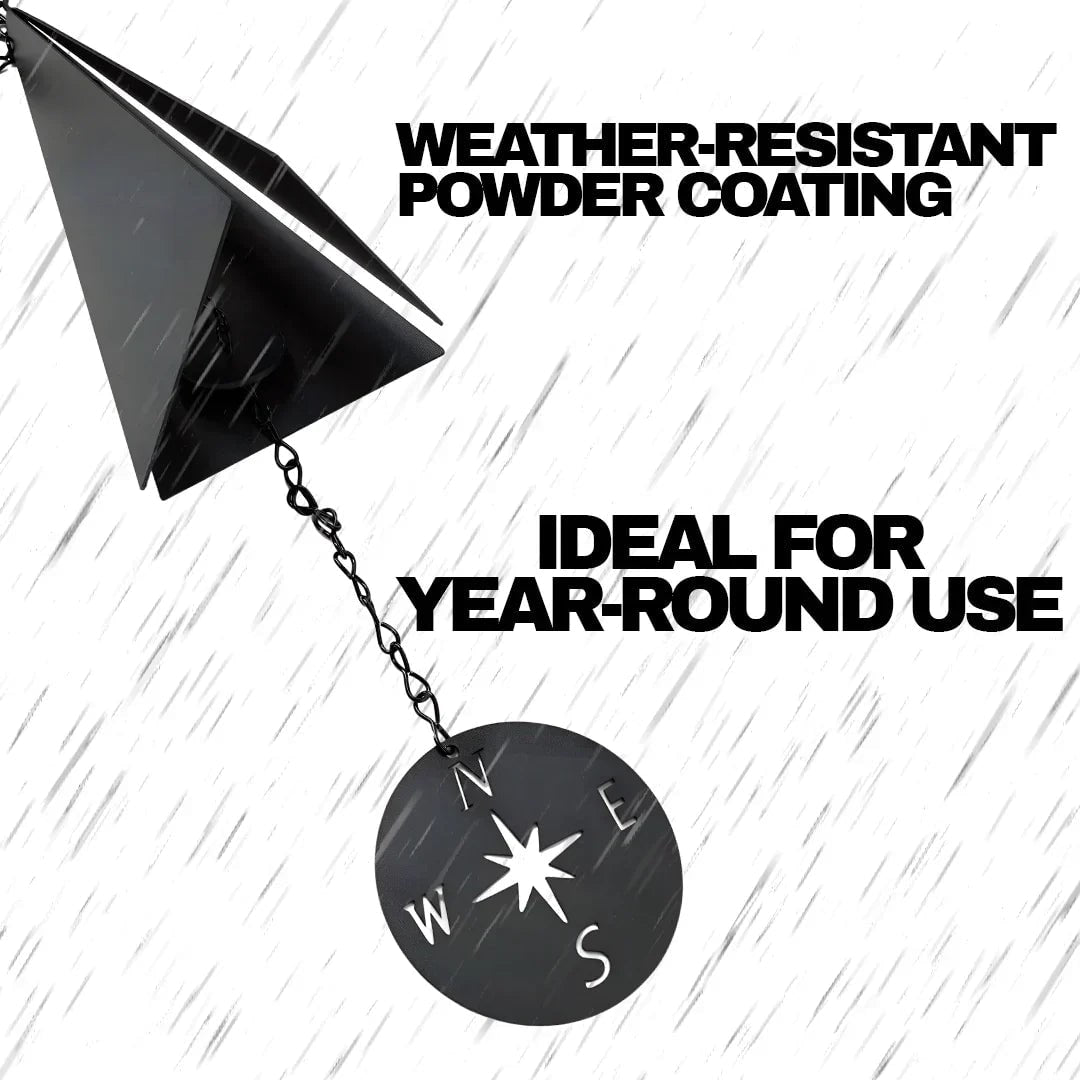 Powder-coated wind bell in rain, ideal for year-round use