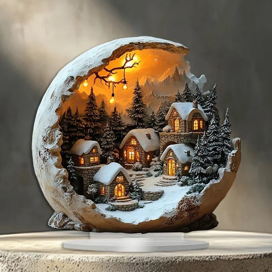 Christmas Village Decoration, Acrylic Winter Scene Tabletop Figurine with Stand, 23 x 20 cm
