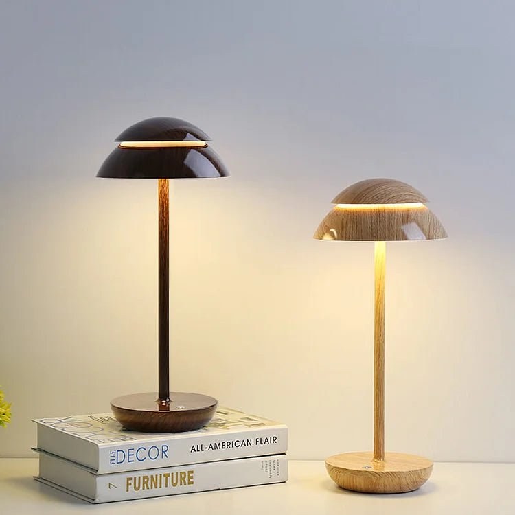 Walnut and wood cordless dome table lamps side by side