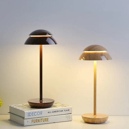 Walnut and wood cordless dome table lamps side by side