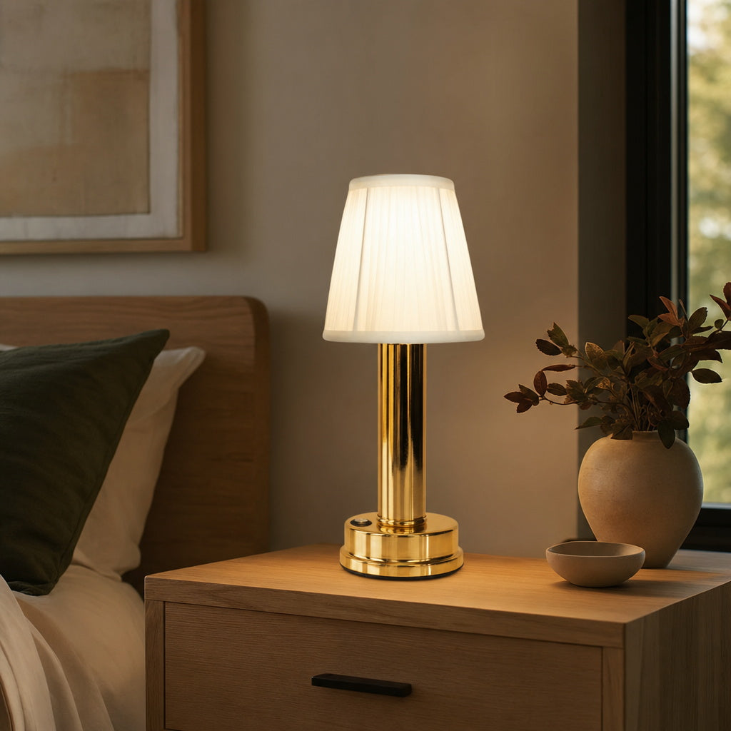 Gold cordless rechargeable touch table lamp in a warm interior — lifestyle view 01