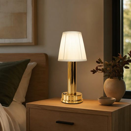 Gold cordless rechargeable touch table lamp in a warm interior — lifestyle view 01