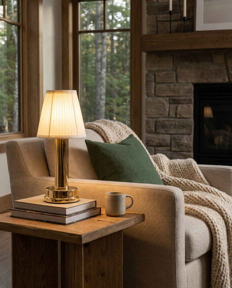 Gold cordless rechargeable touch table lamp in a warm interior — lifestyle view 02