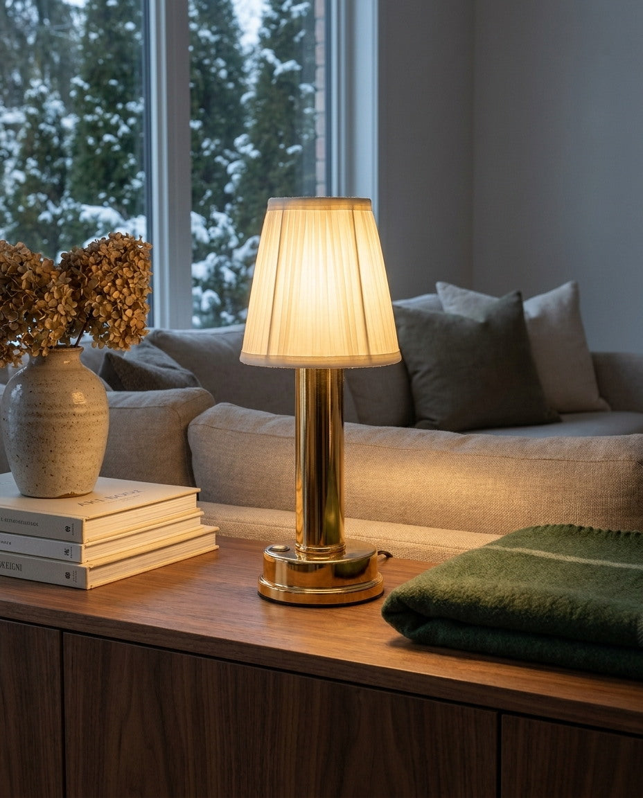 Gold cordless rechargeable touch table lamp in a warm interior — lifestyle view 03