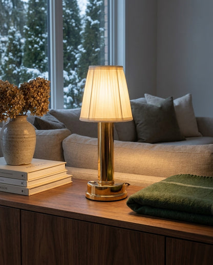 Gold cordless rechargeable touch table lamp in a warm interior — lifestyle view 03
