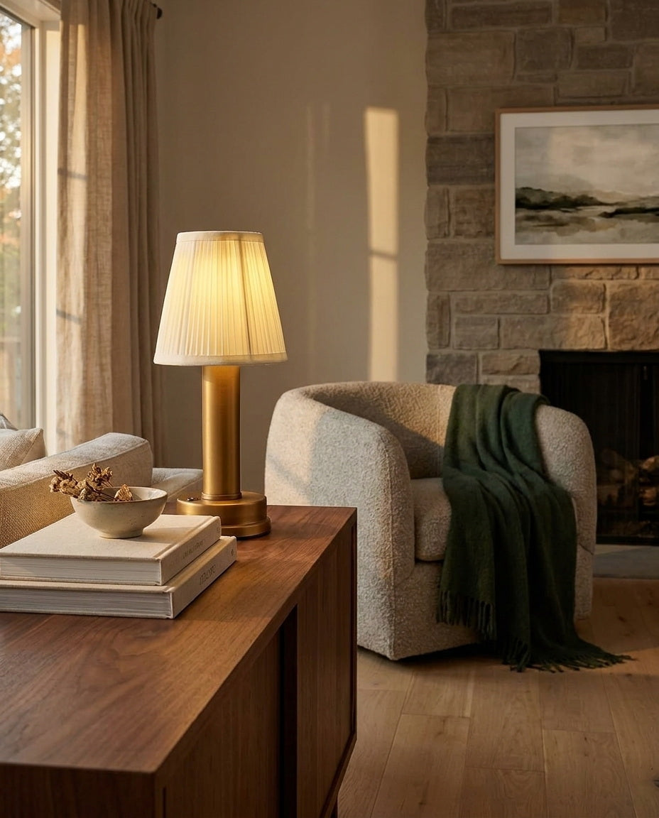 Matte Gold cordless rechargeable touch table lamp in a warm interior — lifestyle view 03