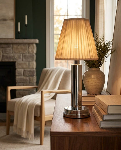 Silver cordless rechargeable touch table lamp in a warm interior — lifestyle view 01