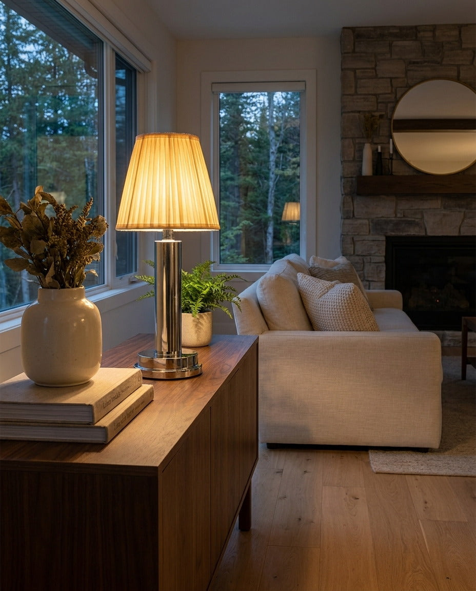 Silver cordless rechargeable touch table lamp in a warm interior — lifestyle view 02