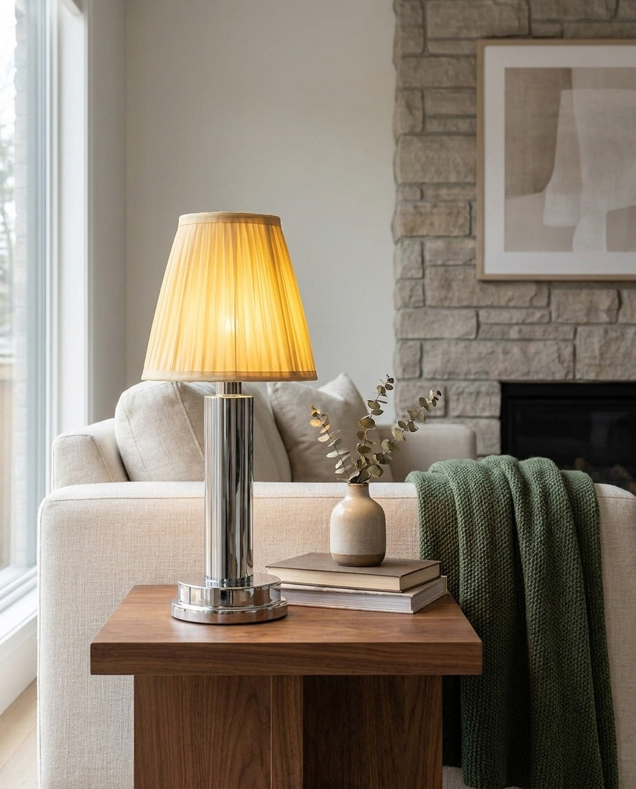 Silver cordless rechargeable touch table lamp in a warm interior — lifestyle view 03