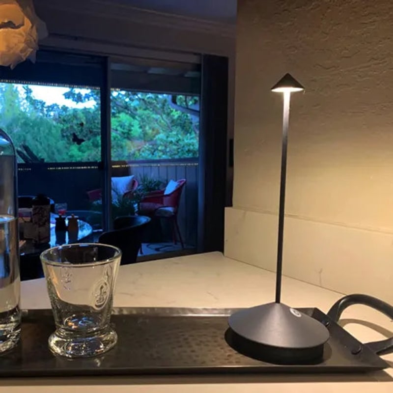 Gray lamp on a kitchen counter