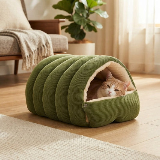 Cat Cave Bed, Covered Pet Bed in Corduroy Look with Plush 2